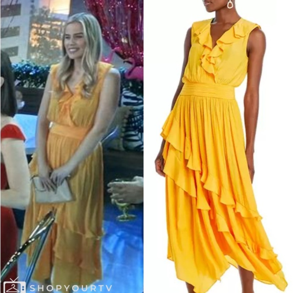 NWT Ramy Brook Hadlee Dress Yuzu Yellow Midi Size M Tiered Ruffle - Picture 3 of 9